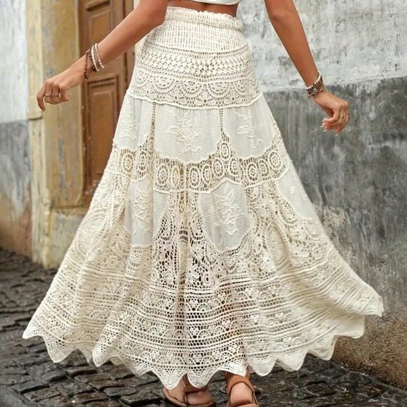 Boho Women's Beige A-Line Long Crochet Flowy Skirt - Picture 2 of 7